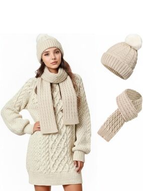 Cream Cable Knit Sweater Dress with Matching Beanie & Scarf | Sz M - NWOT